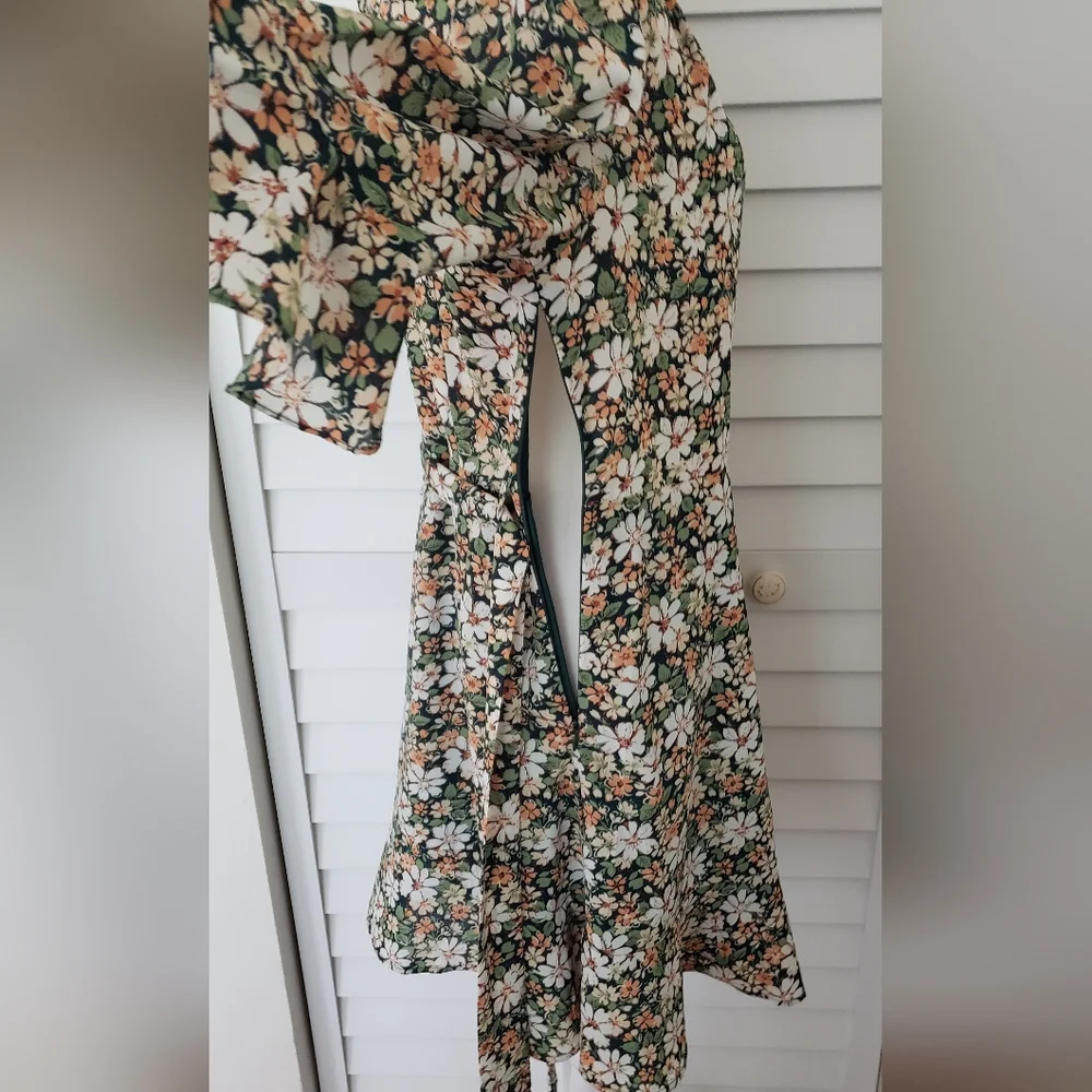 Allegra K Floral 3/4 Bell Sleeves Smocked Belted Flare Ruffle Dress Size S - Picture 9 of 16